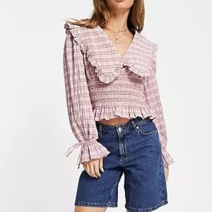 Top shop Peter Pan collar plaid top puff sleeve size 12